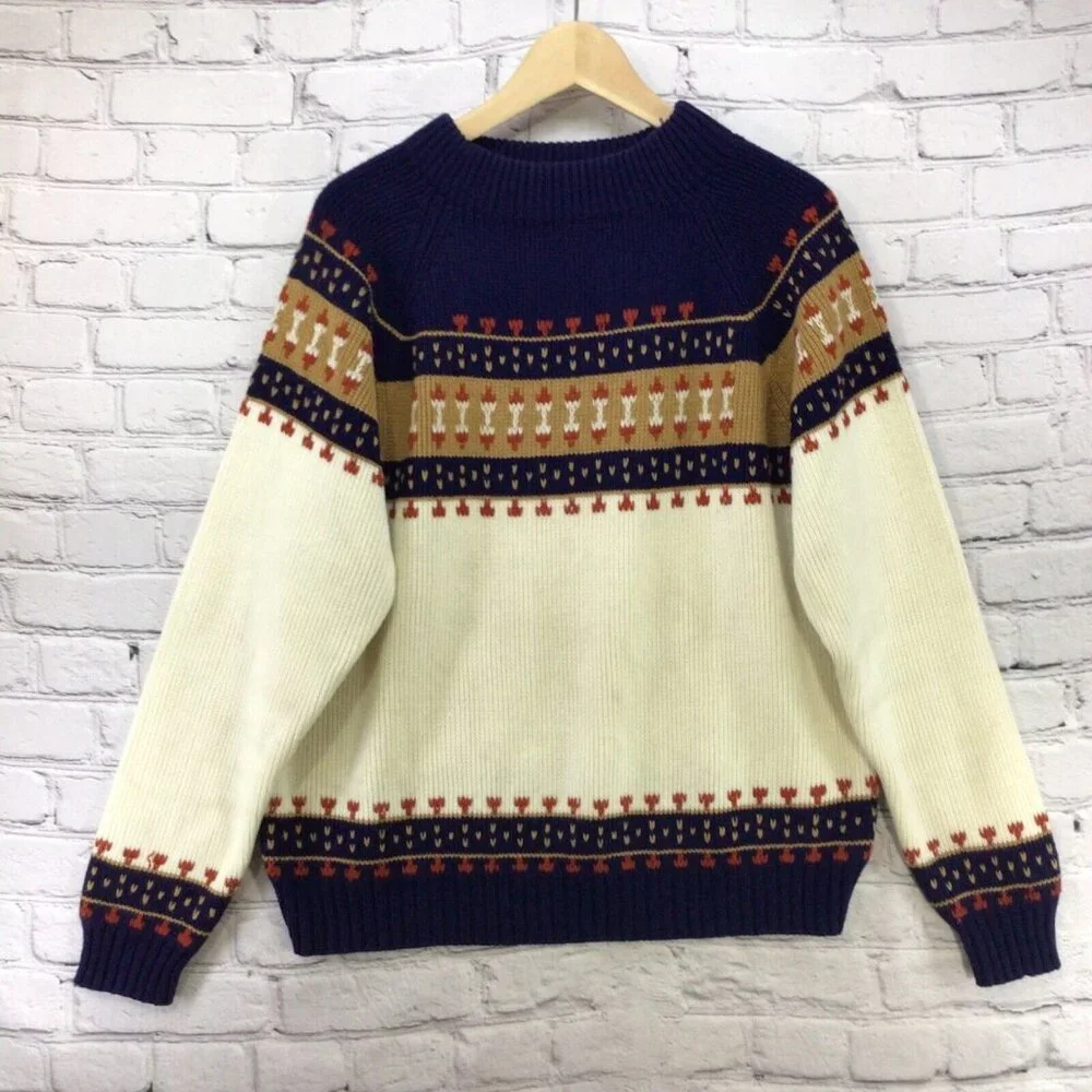 JC Penney Vintage Sweater 70's Nordic Knit Mens Sz L Large Flaw Small Hole
